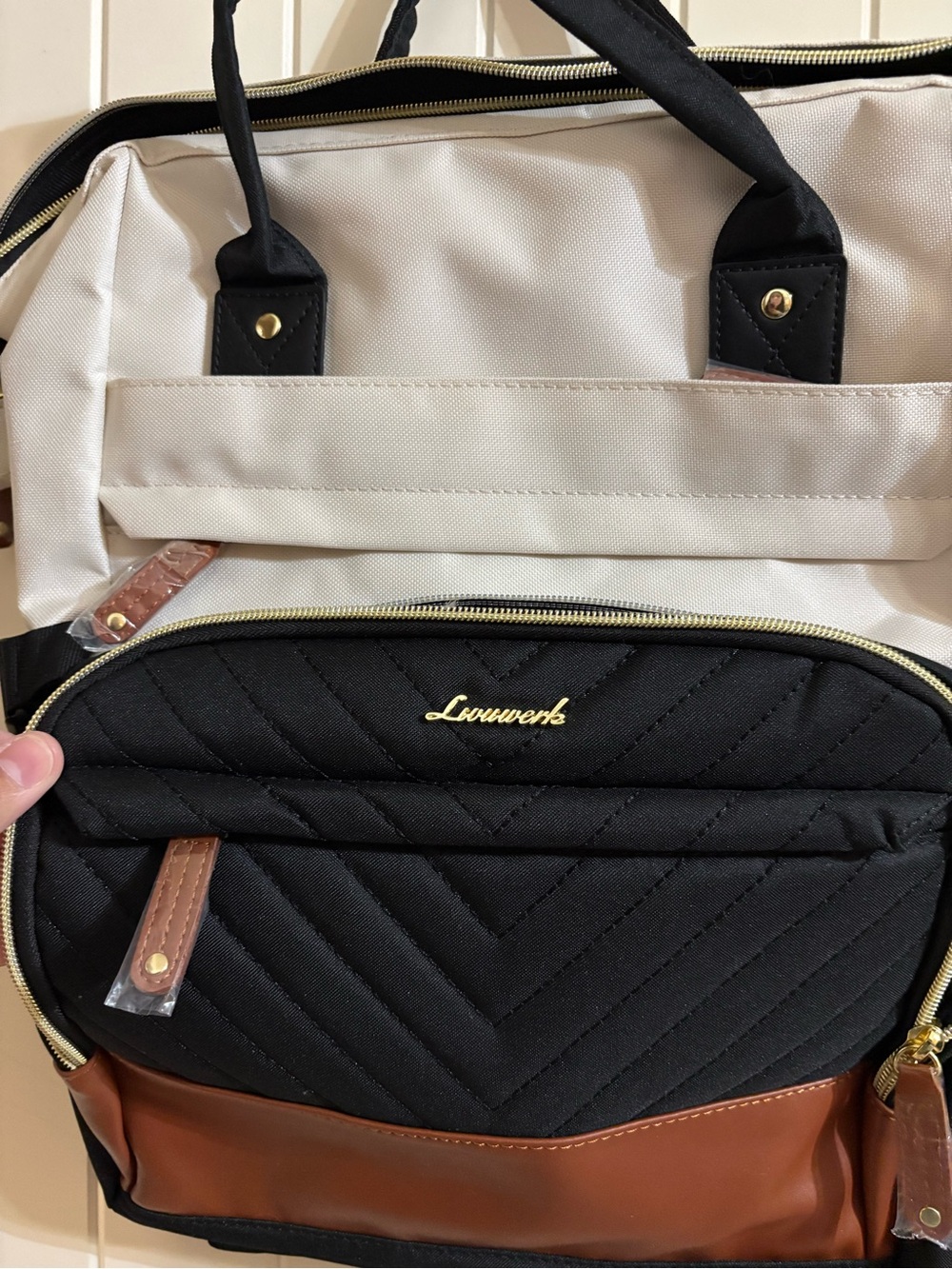 LIVUWERK Black & Beige Laptop Backpack Gold Hardware NWT